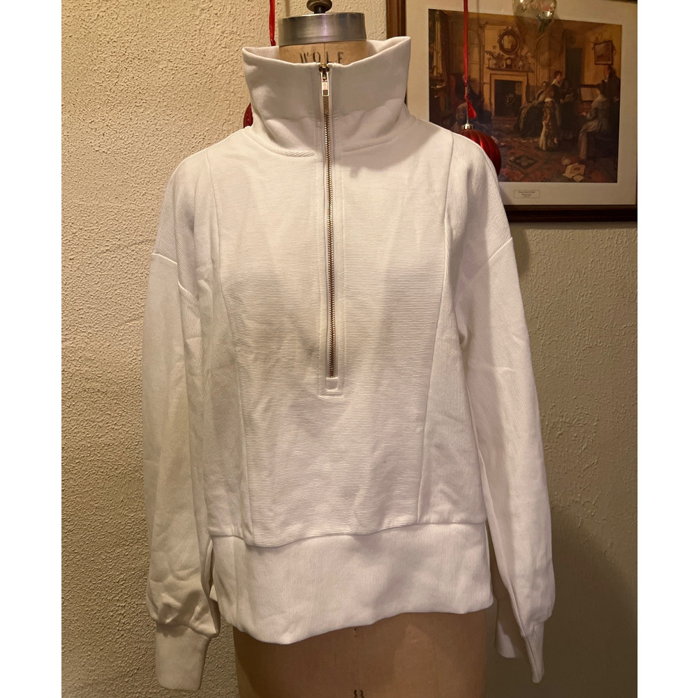 Women's White Ribbed Half Zip Cropped Pullover Sweatshirt Top NWT Size L - Picture 4 of 13